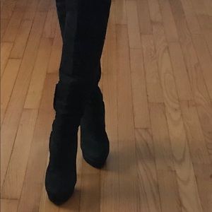 Over the Knee Black Bebe Suede Ruffle Boots